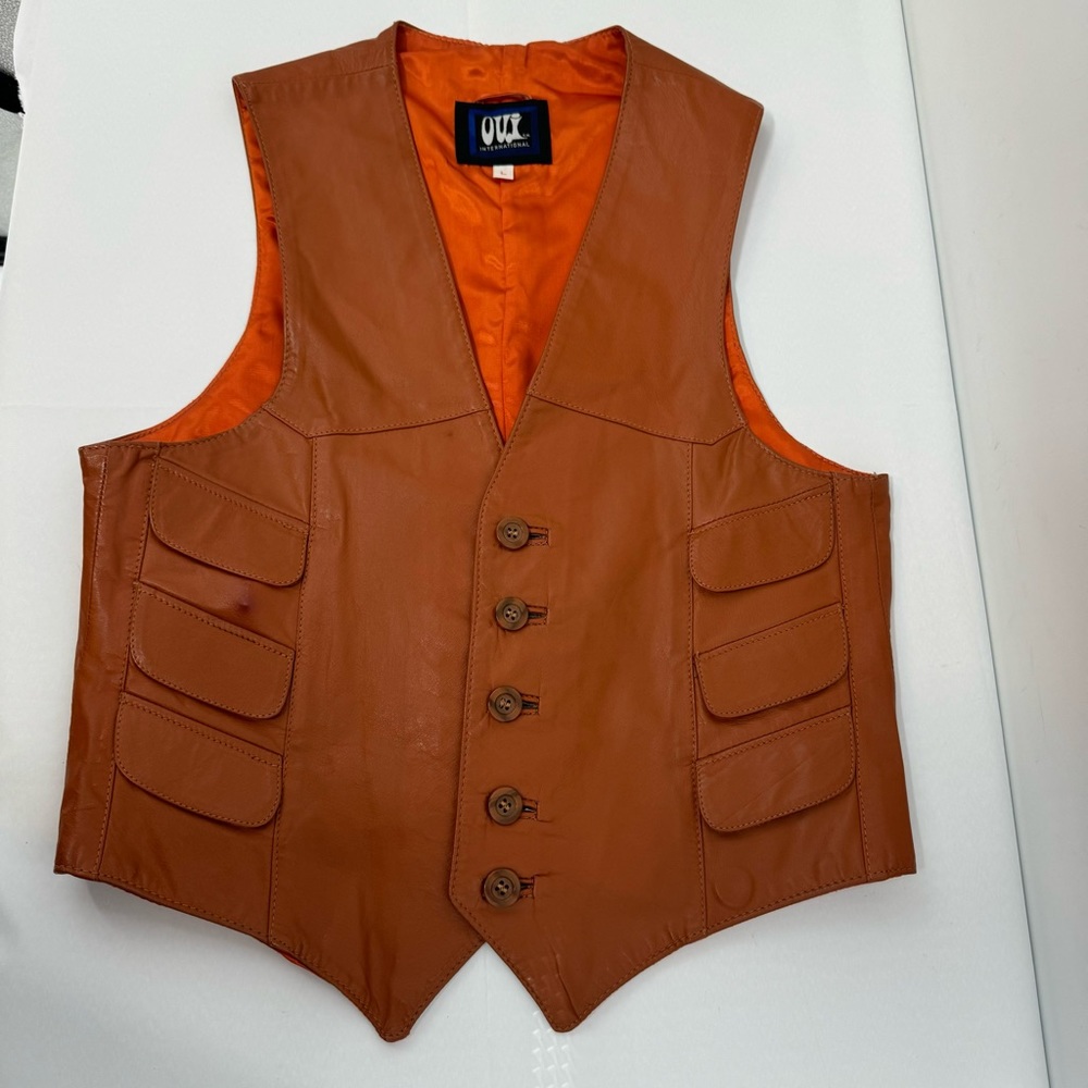 VTG OUI International Brown Leather Button Front Vest Mens Size L 6 Pockets